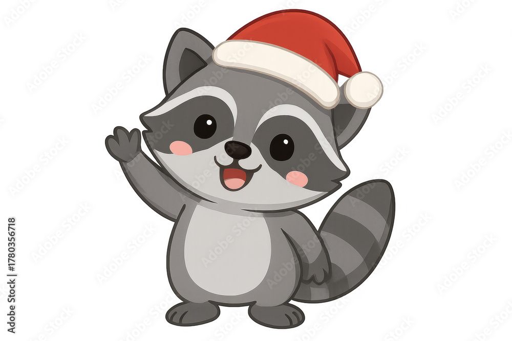 Obraz premium Cute raccoon wearing a red santa hat and smiling, waving its paw to greet, celebrating christmas and new year