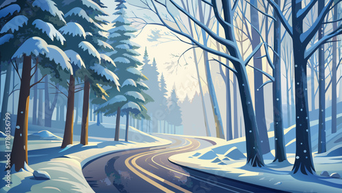 A quiet snowy road curving gently through a frosted woodland, surrounded by tall snow-laden trees, soft morning mist and pale light evoke calmness, solitude, and natural winter beauty, detailed vector