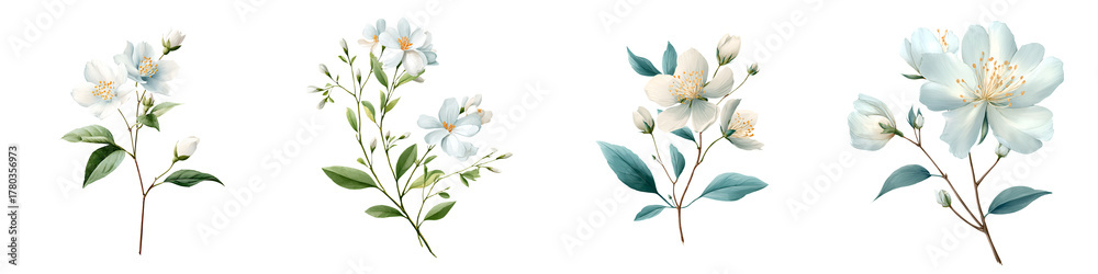 Obraz premium Watercolor Jasmine Flower Set - Elegant Floral Botanical Illustration