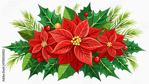 Bright red poinsettia flowers arranged beautifully with rich green holly and pine leaves, golden accents shining softly, capturing the joyful and festive essence of Christmas season in a detailed