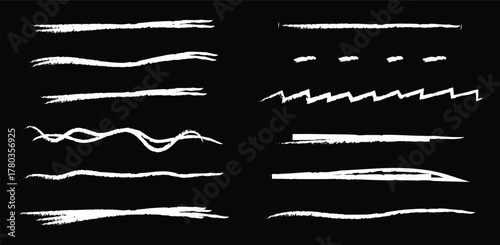 white charcoal crayon and pencil underline strokes vector set. Hand drawn grunge underlines, sketchy scribble bars and rough divider lines, doodle texture illustration.
