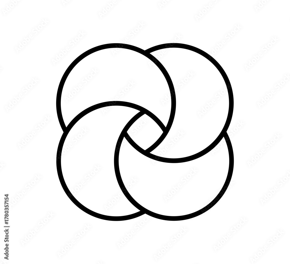 Fototapeta premium Circle Venn diagram with four parts. Intersecting circles. Infographic chart line icon. 4 overlap balance elements diagram. Business process chart. Vector illustration isolated on white background.