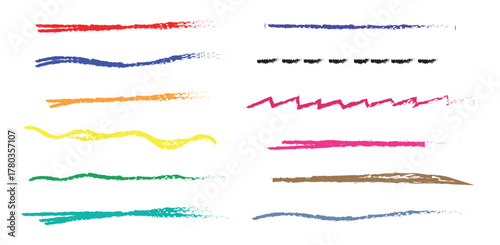Colorful crayon and pastel underline strokes vector set. Hand drawn chalk lines, wavy brush dividers and doodle highlights with rough texture, kids art illustration.