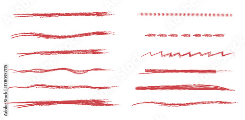 red charcoal crayon and pencil underline strokes vector set. Hand drawn grunge underlines, sketchy scribble bars and rough divider lines, doodle texture illustration.