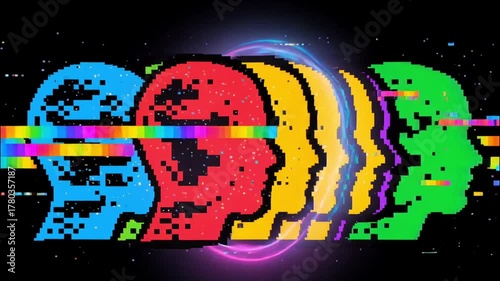 Overlapping human head silhouettes made of glitch pixels and particle noise in motion
