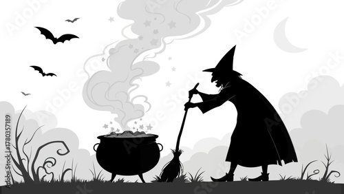 Silhouette of a witch stirring a cauldron with bats flying and a moon in a spooky halloween scene