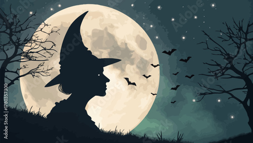 Silhouette of a witch with a crescent moon hat against a full moon and flying bats at night is shown