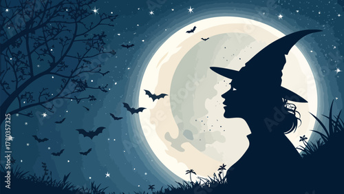 Silhouette of a witch with a hat in front of a full moon with bats and stars in a night scene