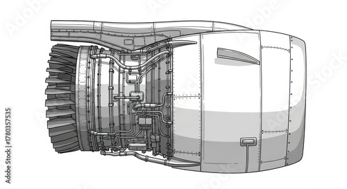 Detailed engineering illustration of a jet engine on white background
