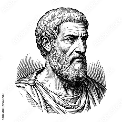 Plato bust in woodcut style in black and white