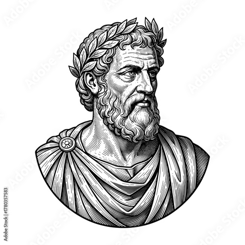 Archimedes bust with laurel wreath on white background