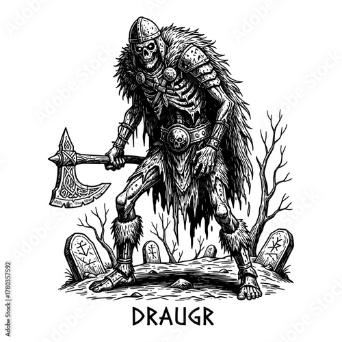 Draugr undead warrior in graveyard on white background