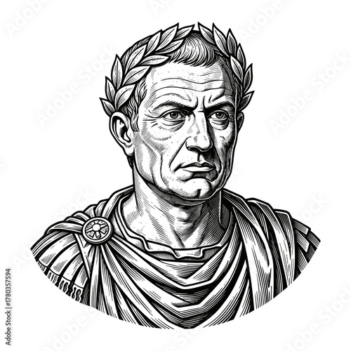 Julius Caesar bust with laurel in woodcut style in black and white