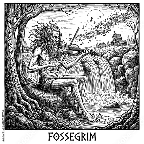 Fossegrim musician against moonlit village background