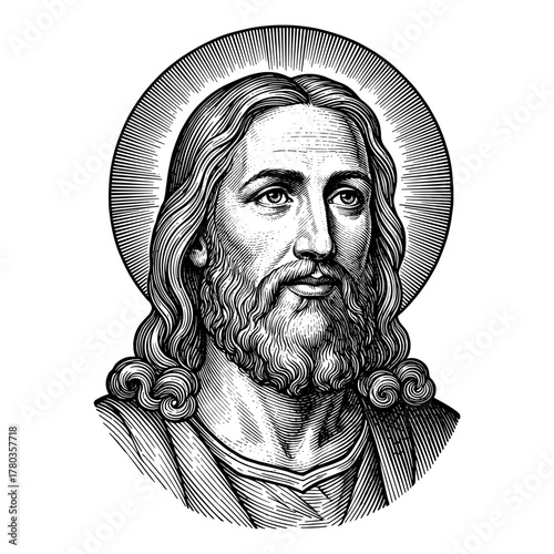 Jesus Christ portrait against radiant halo on white background