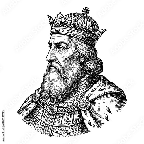 Charlemagne in profile against white background