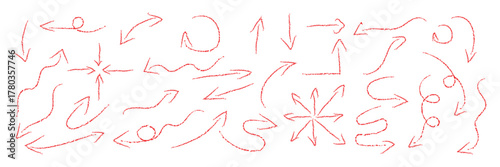 Freehand charcoal arrow vector collection. Hand drawn curved doodle pointers and sketch direction lines with rough chalk texture, artistic marker style illustration.