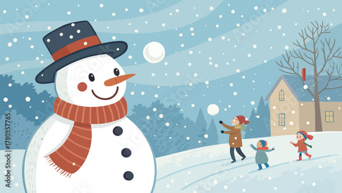 Illustration of a snowman wearing a hat and scarf with children playing in the snow near a house silhouette