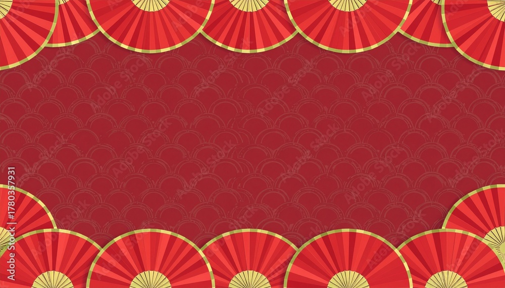 Obraz premium Red and gold paper fan Chinese decoration background for 2026 lunar Chinese new year concept