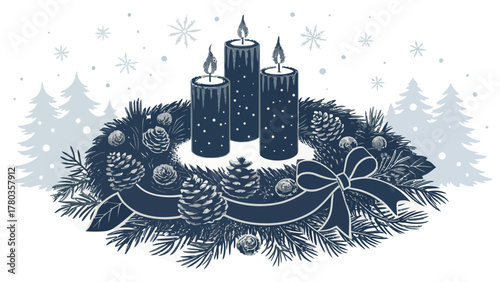 Illustration of a christmas wreath with candles pine cones and a bow in a wintery scene setting silhouette