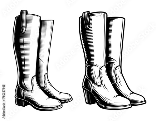 Riding Boots Illustration in Woodcut Style in Black and White