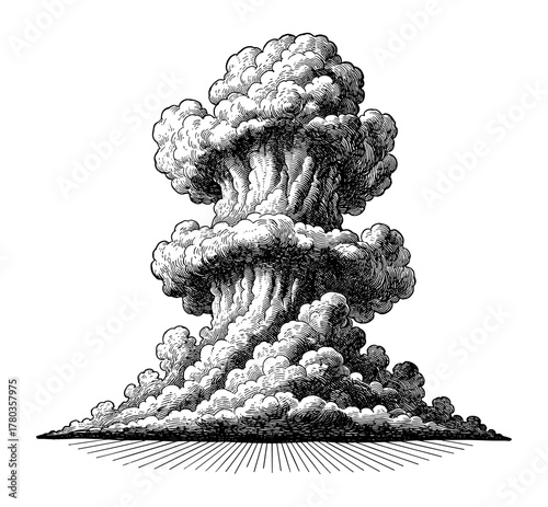 Mushroom Cloud Engraving in Black and White