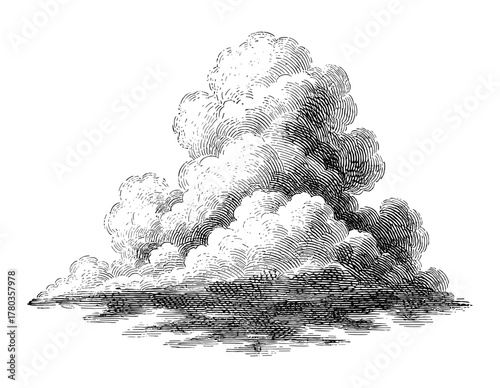 Cumulus Cloud Illustration in Engraving Style in Black and White