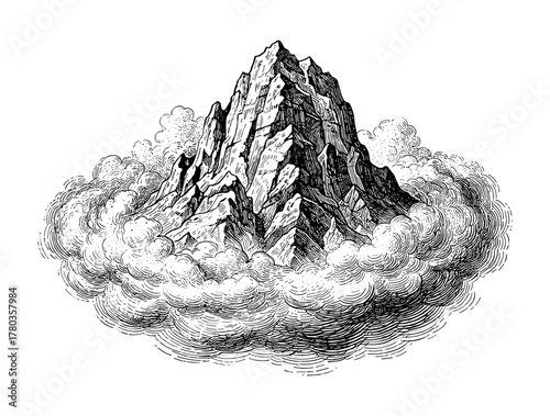 Mountain Peak in Clouds in Woodcut Style in Black and White