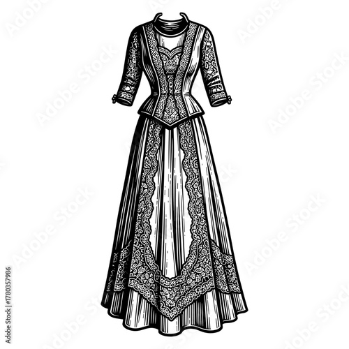 Victorian Dress in Woodcut Style in Black and White