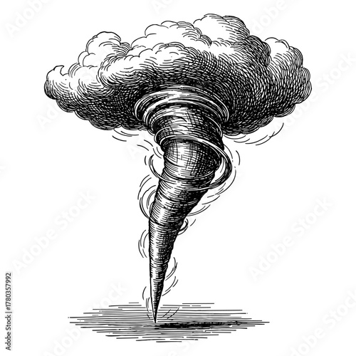 Tornado Illustration in Engraving Style in Black and White