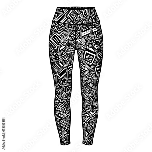 Leggings with tribal pattern in engraving style in black and white