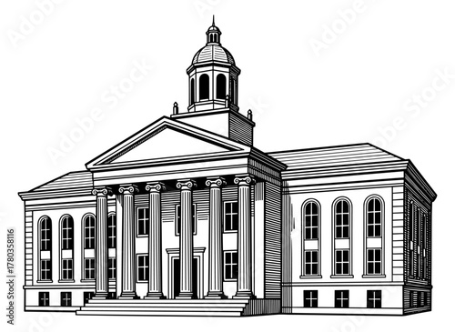 Neoclassical building in line-drawing style in black and white
