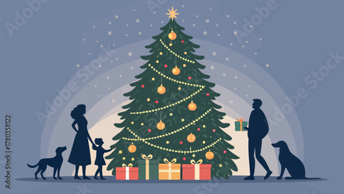Family decorating christmas tree with gifts and dogs in a snowy scene with a star on top of the tree silhouette