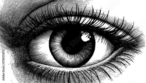 Eye illustration in crosshatch style in black and white