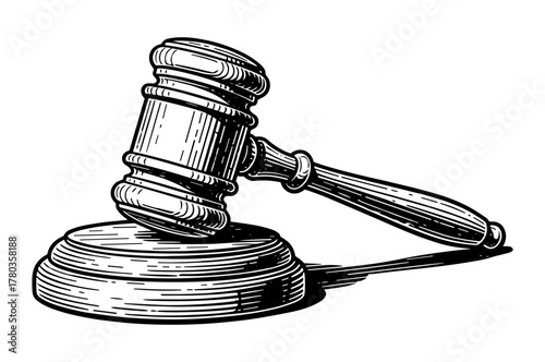 Gavel in woodcut style in black and white