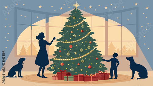 Family decorating christmas tree with ornaments and lights in front of a window with two dogs present silhouette
