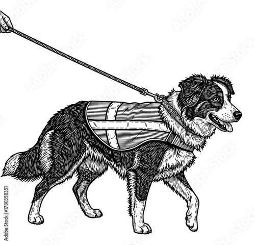 Service Dog on Leash with Vest Against White Background