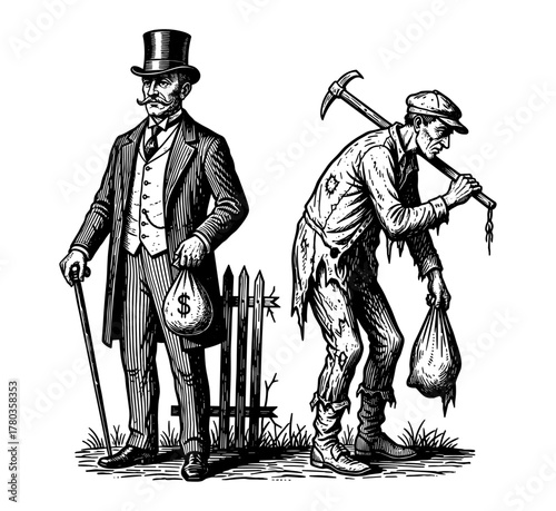 Wealth and Poverty Contrast in Woodcut Style in Black and White