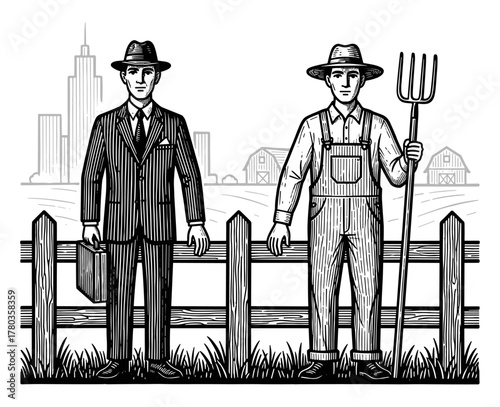 City Professional and Country Farmer Against Divided Landscape Background