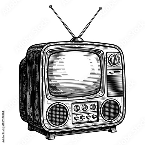 Vintage Television in Woodcut Style in Black and White