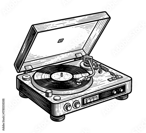 Record Player in Sketch Style in Black and White