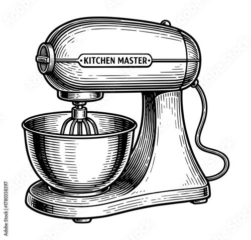 Stand Mixer in Engraving Style in Black and White