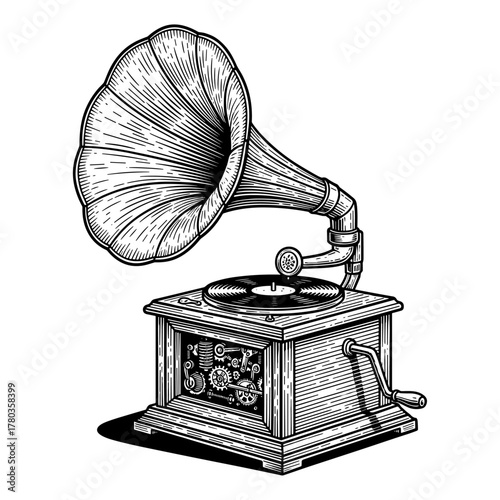 Antique Gramophone in Woodcut Style in Black and White