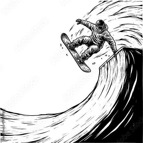Snowboarder in mid-air black and white illustration