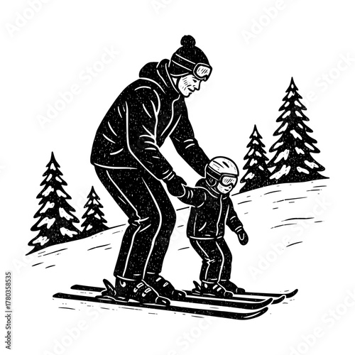 Adult teaching child to ski against snowy slope
