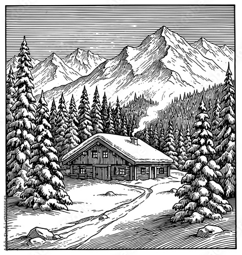 Cozy cabin in woodcut style in black and white