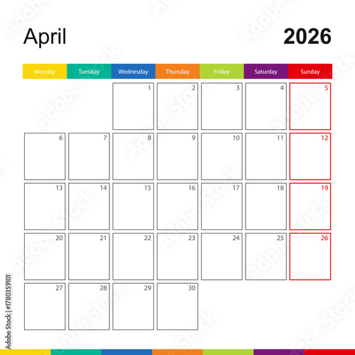 April 2026 colorful wall calendar, week starts on Monday.