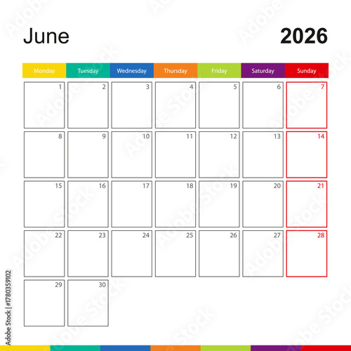 June 2026 colorful wall calendar, week starts on Monday.