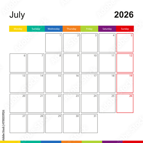 July 2026 colorful wall calendar, week starts on Monday.