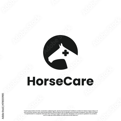 Horse Care logo design with equine head and cross symbol for veterinary clinic branding needs